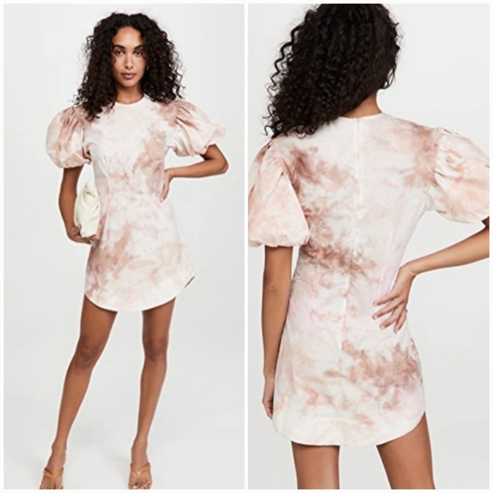 A.L.C. Jess Mini Dress Pink Brown Tie Dye Puff Sleeve Cotton Size‎ S